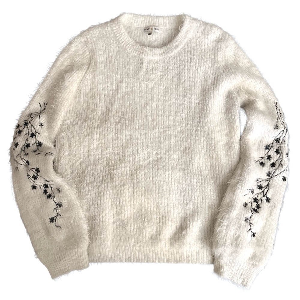 Woven Heart_ White Sweater with Black Floral Embroidered Detail